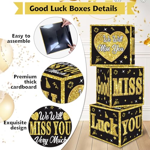 Image of Kircirx 3pcs Going Away Party Decorations Boxes for Men Women, Black Gold Farewell Decorations Party Supplies Good Luck We Will Miss You Retirement Goodbye Cardboard Box Gifts