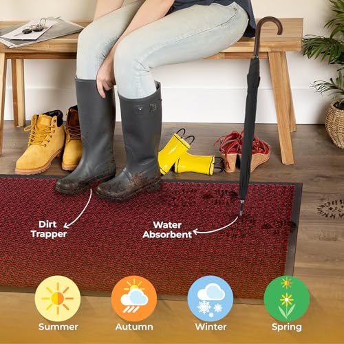 Image of BLADO Washable Door Mats - Non-Slippery Heavy Duty Doormats - Stylish & Large Rubber Door Mat - Perfect Dust Grabbing Outdoor & Indoor (Red, 50cm x 80cm)