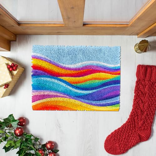 Image of DIY Latch Hook Kit Rug for Adults Rainbow Waves Graphic Pre-Printed Handmade Carpet Crochet Yarn Craft Hook and Latch Door Mat Tapestry Home Floor Decor 52x38cm-2