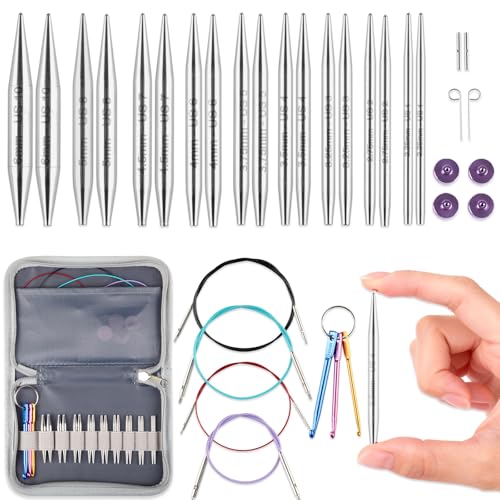 Svartur 2 inch Interchangeable Circular Knitting Needles Stainless Steel Shorties Interchangeable Knitting Needles with 4 Assorted Cables Storage case