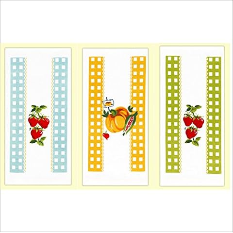 Set of 3 Vintage Style Flour Sack Kitchen Towels. Strawberries & Pumpkin. Green, Orange & Blue Cover