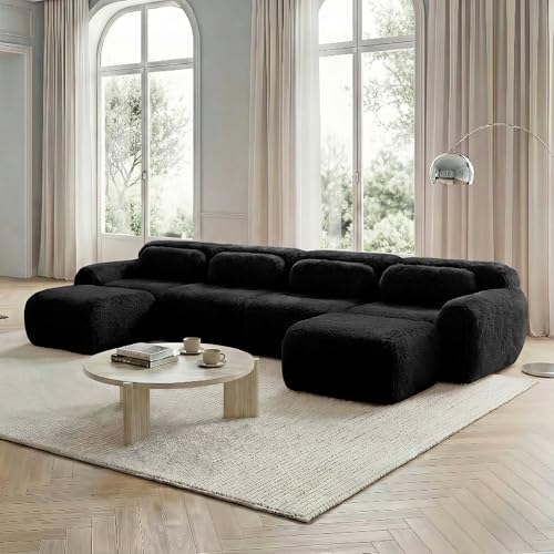 BLUON HOME Bigsofas XXL,U Sofá-cama, sofá modular en forma de U, sin montaje, combinable, tela de felpa, fondo antideslizante, con cojín, espuma de alta elasticidad (negro)