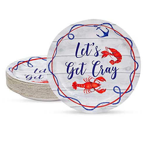 BLUE PANDA - 48 Pack Lets Get Cray Seafood Boil Plates for Crawfish Boil Party Supplies (9 x 9 In)