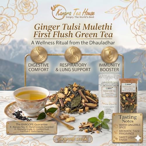 Image of KANGRA TEA HOUSE Certified Organic Ginger Mulethi Green Tea for Joint Pains, Helps in Arthritis, Cough & Cold Relief (100g = 150 - 200 Cups) - Richest Source of Antioxidants - Combo of TriniTEA 200g
