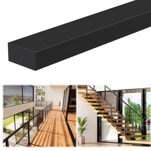 Image of Modular 1Pack 10FT Stainless Steel T304 Black Handrail for Cable Railing with Nylon End Cap Kits, 2.36 inch W x 1.18 inch H Cuttable Flat Handrail Rectangular Top Rail for Stair Railing Indoor Outdoor