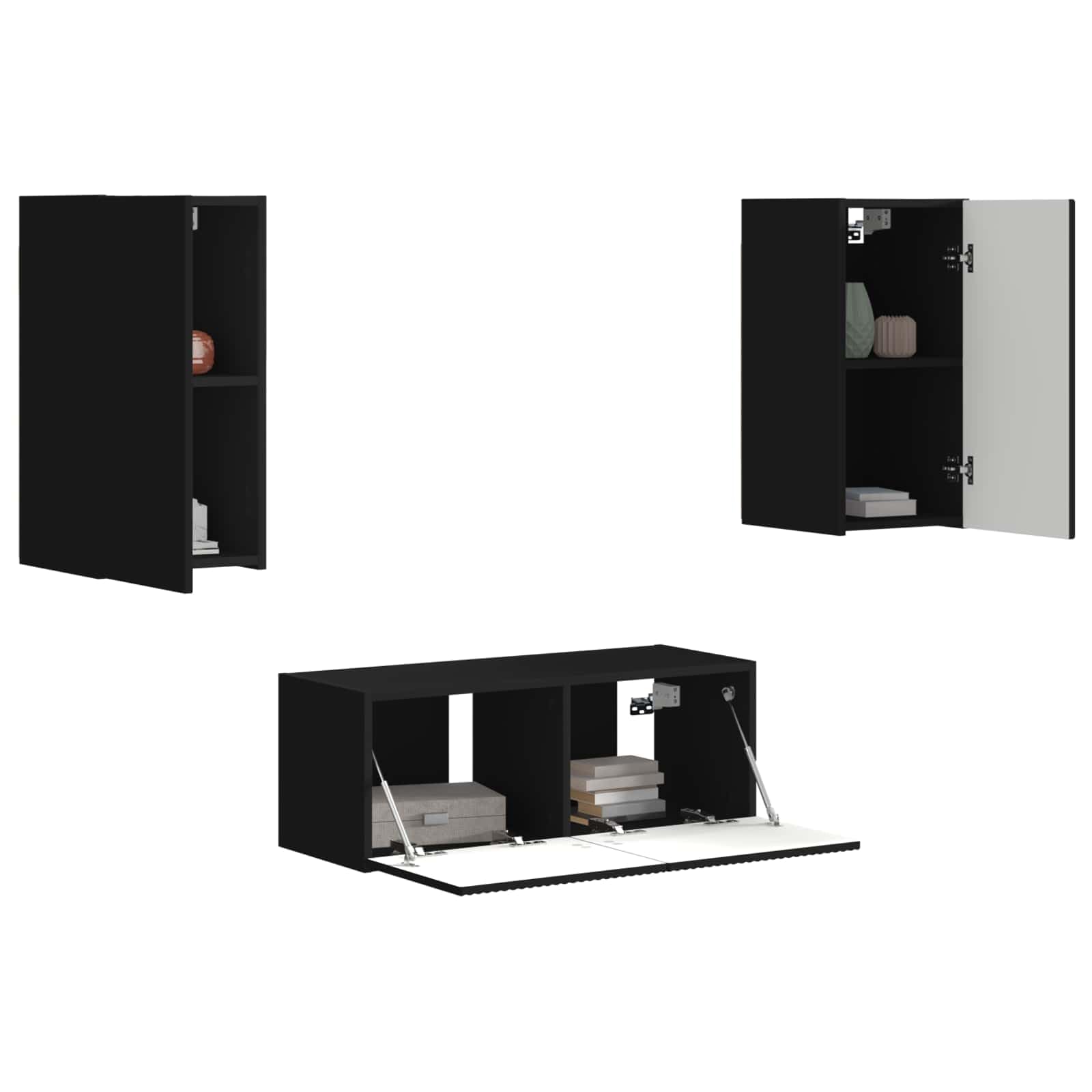 Mueble de TV montado en la pared, 6 piezas, color negro, madera baja para salón, diseño moderno, mueble multimedia con 7 puertas, espacio de almacenamiento para zonas de entretenimiento