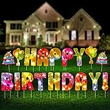 18 Pcs 16inch Birthday Party Decorations with String Light (1*5m &1*10m LED Lights ) Large Happy Birthday Yard Signs with Stake, Colorful Waterproof Yard Letters Cake Ballon Outdoor Decorations