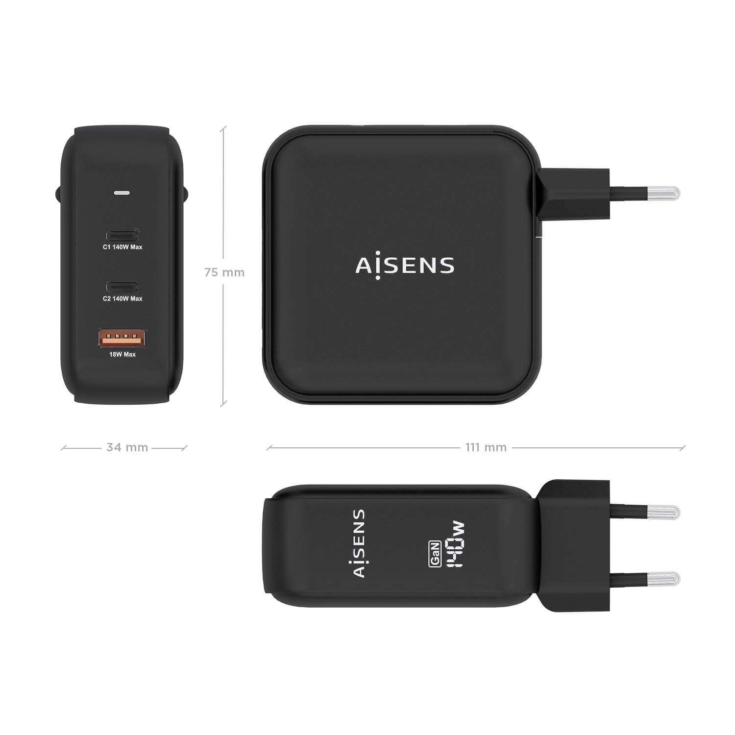 Aisens Caricatore da parete ASCH-140W3P031-BK 140W Nero (1 pezzo)