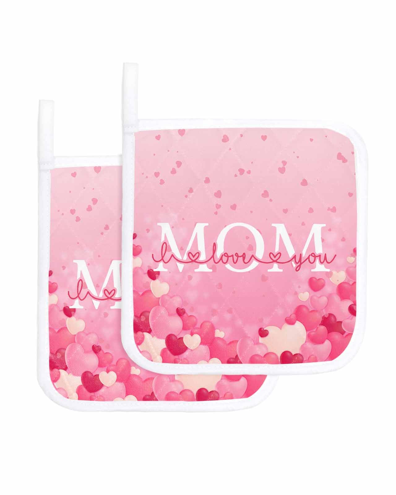 2 Packs Best Mom Pot Holders Sets for Kitchen,Oven Pan Plate Bowl Pads Heat Proof Mat with Hanging Loop,Thick Terry Cloth Potholders Non Slip Soft Grip Happy Mother's Day Ombre Pink Love Heart