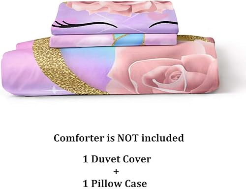 Miniatura 6 de ADASMILE A & S Juego de ropa de cama de unicornio tamaño individual para niñas, juego de ropa de cama para niñas con estampado floral de corazón