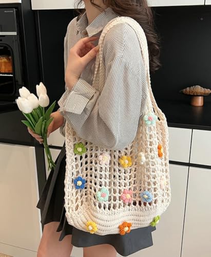 Epsion 2025 Woven Tote Bag for Women Summer Handbag Chic Flower Hobo Purse Shoulder Bag Beach Travel3