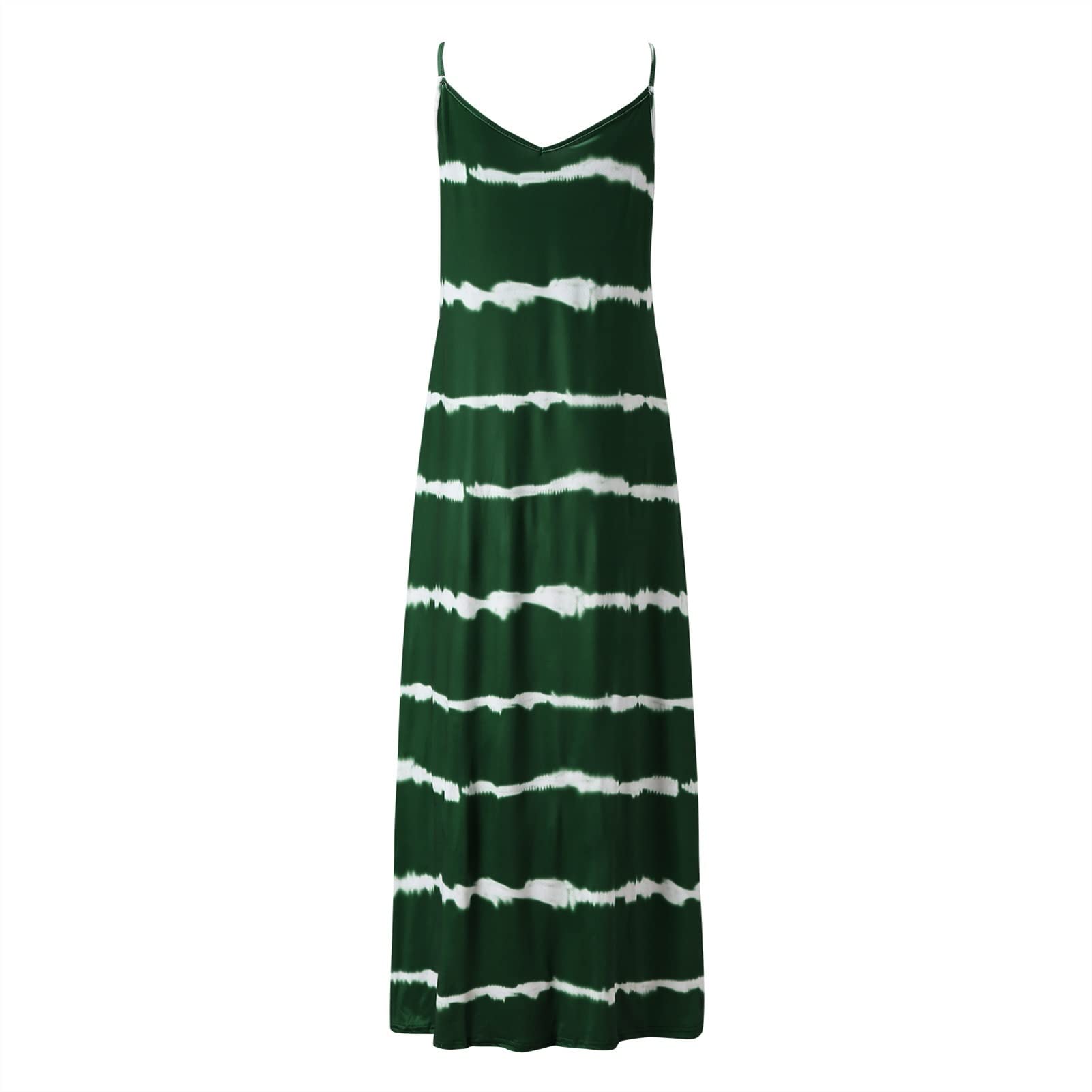 FANFENG Abito da Donna Abiti Senza Maniche A Righe con Scollo A V Abito Lungo da Spiaggia Casual Elegante Abito Lungo con Spalline Elasticizzate Abito Ampio (Color : Green, Size : L/Large)