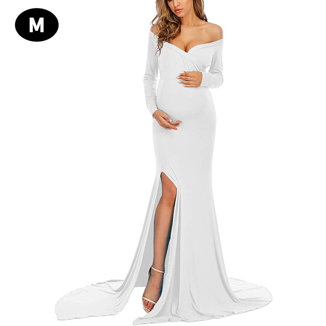 Robe de maternité à épaules dénudées, Robe Longue Fendue pour Femmes Enceintes, Blanc M, de Photographie pour Femmes