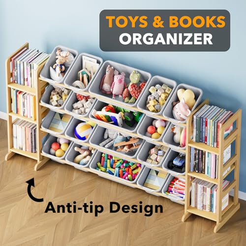 Image of SpaceAid Toy Storage Organizer with 6 Shelves and 20 Bins, Toy Organizers Storage Bookshelf, Kids Bin Shelf Toys Box Bookcase for Bedroom Playroom Organization Room Decor, Neutral Gray