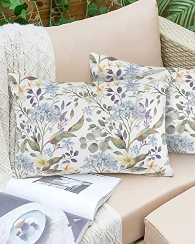 Outdoor Pillow Covers Waterproof, Light Blue Hydrangea Throw Pillowcase Decorative Cover, Spring Floral Leaves Botanical Aesthetic Lumbar Pillow Covers Set of 2 for Sofa, Couch, Patio 20