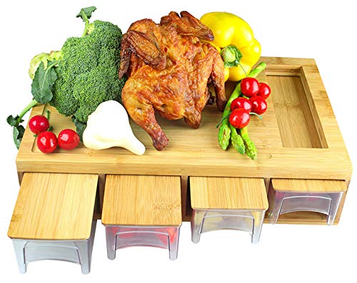 Bamboo Cutting Board with Drawers/Trays/Containers/Storage and Lids Chopping board with juice grooves, handles & food sliding opening, cutting board with 4 trays for easy food prep and cleanup