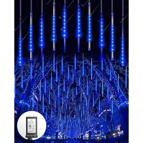 Blingstar Meteor Shower Lights Outdoor 10Tubes 16 Inch 360 LED Christmas Lights Waterproof Falling Rain Lights Plug in Dripping Icicle Lights for Tree Porch Roof Yard Xmas Halloween Decoration, Blue Cover