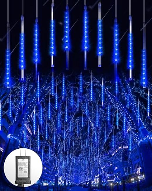 Blingstar Meteor Shower Lights Outdoor 10Tubes 16 Inch 360 LED Christmas Lights Waterproof Falling Rain Light Plug in Dripping Icicle Light for Tree Porch Roof Yard Xmas Halloween Decoration, Blue