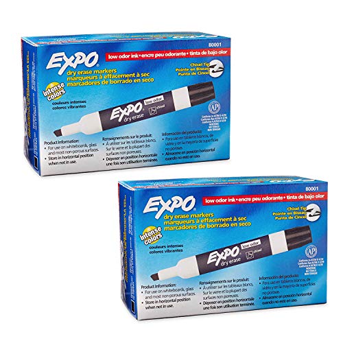 Expo 80001 Low Odor Chisel Point Dry Erase Markers, Low Odor Alcohol-Based Ink, Designed for Whiteboards, Glass and Most Non-Porous Surfaces, Black, 12 Units per Box, Pack of 2 Boxes, 24 Markers Total