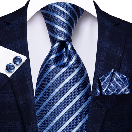 Image of Hi-Tie Father and Son Tie Set Striped Plaid Ties for Men and Boys Silk Necktie Pocket Square Set for Wedding Gifts