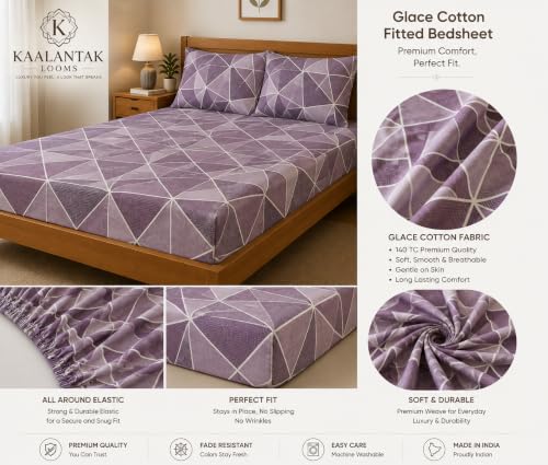 Image of Fitted Bedsheet Vine Geometric Print Glace Cotton 210 TC | Queen Size for Double Bed Fits 5 x 6.5 ft Mattress (60 x 78 Inch) | All Around Elastic | 2 Pillow Covers | 10 Inch Deep Pocket