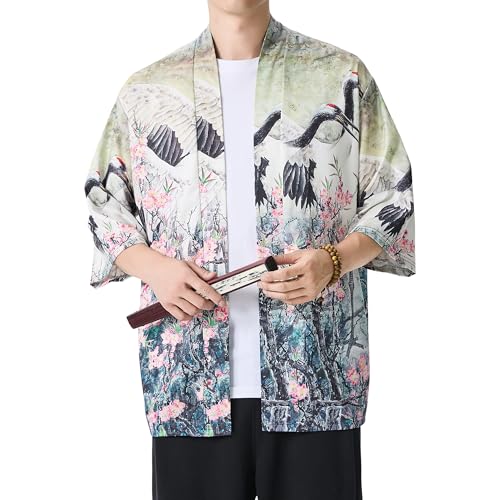 Image of PRIJOUHE Men's Lightweight Kimono Jacket Seven Sleeve Open Front Cardigan Coat Japanese Style Bathrobe