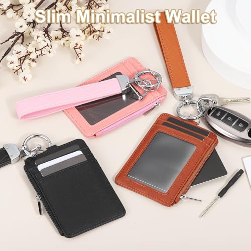 PATIKIL 4.7 x 3.2 x 0.2 Slim PU Leather Card Holder Wallet, 1 Set Small Front Pocket Credit Card Case with Zipper Coin Wallets, ID Window & Keychain Wristlet for Women Men, Black4
