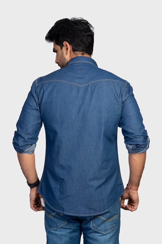 Image of Codaisy Men's Blue Double Pocket Casual Full Sleeves Regular Fit Cream Stitched Solid Cotton Denim Shirt Available in Plus Size