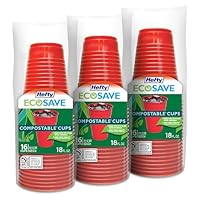 Hefty EcoSave Compostable Party Cups, Red, 18 oz, 16 Count (Pack of 3), 48 Total