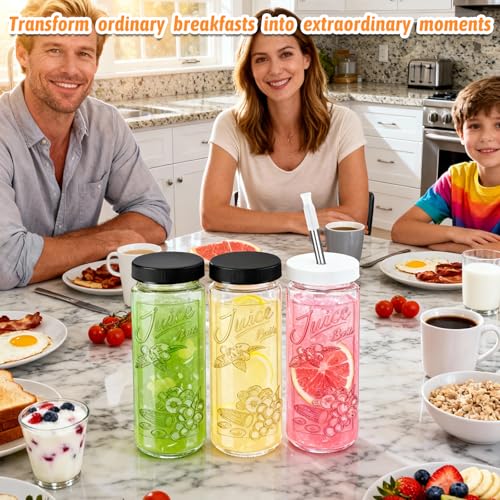 8 Pack 16oz Glass Juice Bottles with Lids - Juicing Bottles with Thickened Leakproof Caps & Custom Designs, High-Clarity Reusable Glass Bottles for Juicing, Smoothies, Kombucha and Iced Coffee