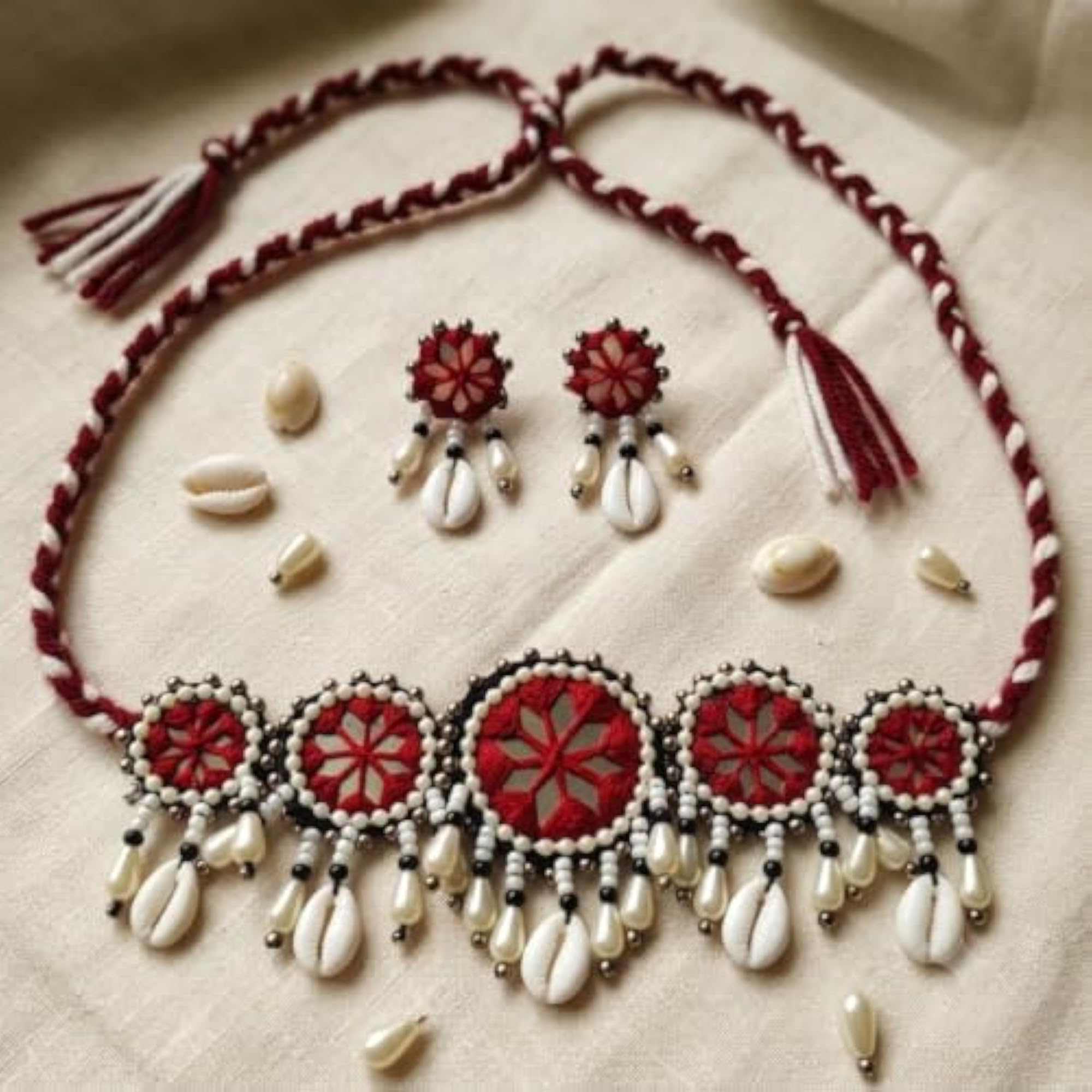 Handcrafted Maroon Traditional Mirror & Woolen Thread Jewelry Set for Women