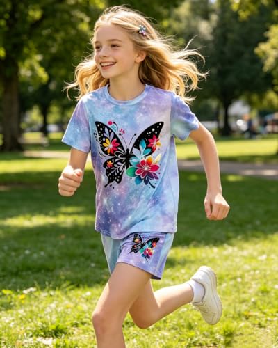 Image of 7-14Y Tween Girl Clothes 2 Piece Short Sleeve Tie Dye Heart Print Top and Shorts Teen Girl Summer Outfits Short Set