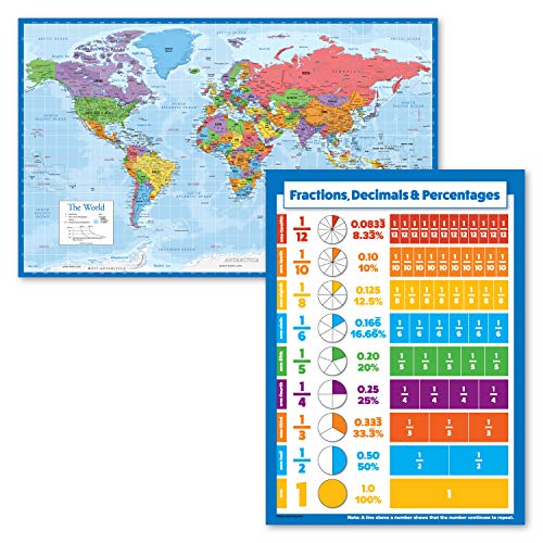 2 Pack - World Map Poster [Blue Ocean] + Percentages, Decimals & Fractions Chart (Laminated, 18