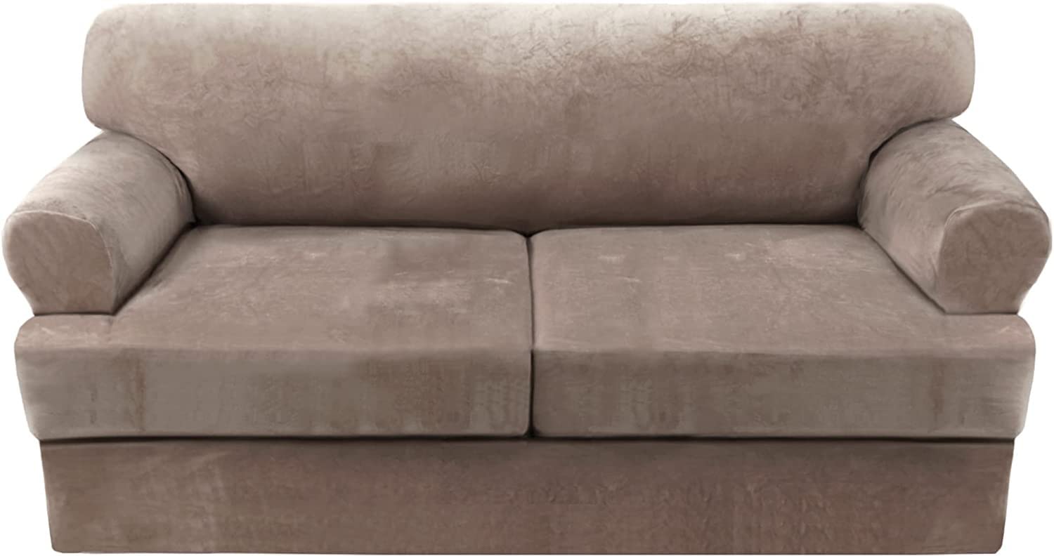 LINGKY Velvet Sofa Covers with Separate T Cushion Covers Ultra Soft Plush Sofa Slipcover No-Pilling Washable Furniture Protector with Elastic Bottom (Taupe,2 Cushion Loveseat)