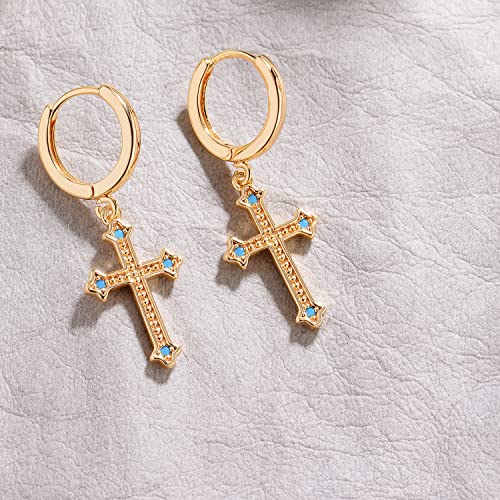 Myears Women Cross Earrings Gold Huggie Hoop Turquoise Dangle Drop 14K Gold Filled Small Boho Simple Delicate Handmade Hypoallergenic Religious Jewelry Gift #TOP2
