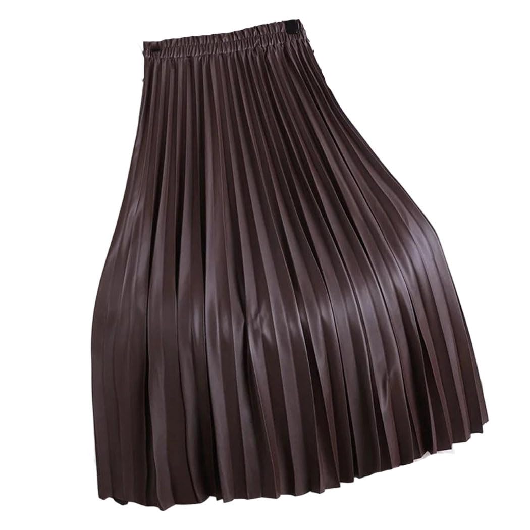 Women Pu Leather Midi Skirt Winter High Waist A Line Party Business Casual Office Pleated Skirt