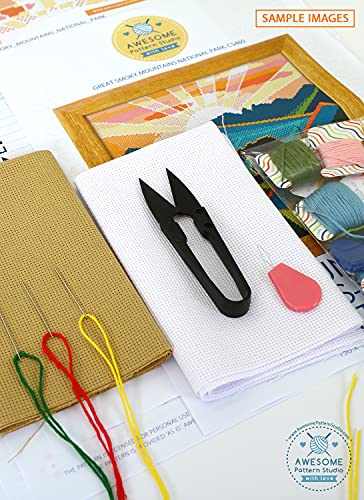 Image of Zion National Park K423 Counted Cross Stitch KIT#2. Threads, Needles, Fabric, Clippers, Needle Threader and Printed Pattern Inside. Embroidery Pattern Kit