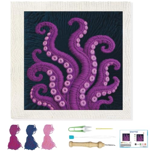 Image of BEUNITONE Punch Needle Kit for Adults Beginners with Tentacle Pattern, Complete DIY Craft Needlepoint Kits with Hoop, Punch Needle Starter Craft Embroidery Set for Festival Gift & Home Decor 9.4x9.4 inch