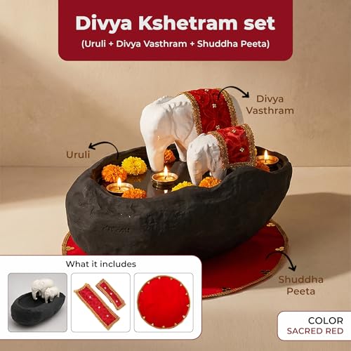 Image of Greymode Yaanai Uruli (White Elephant with Mother & Baby Love) Resembles a Strong Family Bond | Perfect for Home Decor (Divya Kshetram (Uruli + Vasthram + Shuddha peetam))
