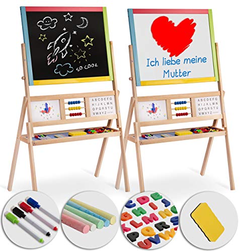 Spiel-Tafel für Kinder magnetisches Whiteboard Uhr Abakus und Kreidetafel Maltafel Kindertafel Staffelei aus Holz Ricokids