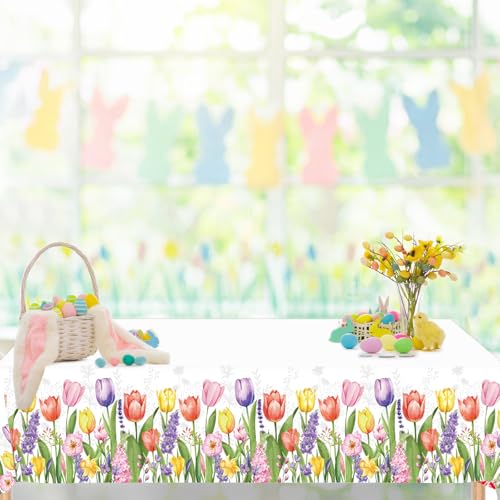 Image of Gistome 3-Piece 54 x 108 Inch Spring Floral Plastic Tablecloth - Colorful Wildflower and Tulip Border Disposable Table Covers for Garden Parties, Baby Showers, Picnics, and Spring Celebrations