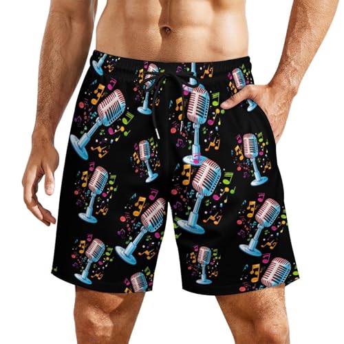 Music Microphone Mens Swim Trunks Quick Dry Beach Board Shorts with Pockets