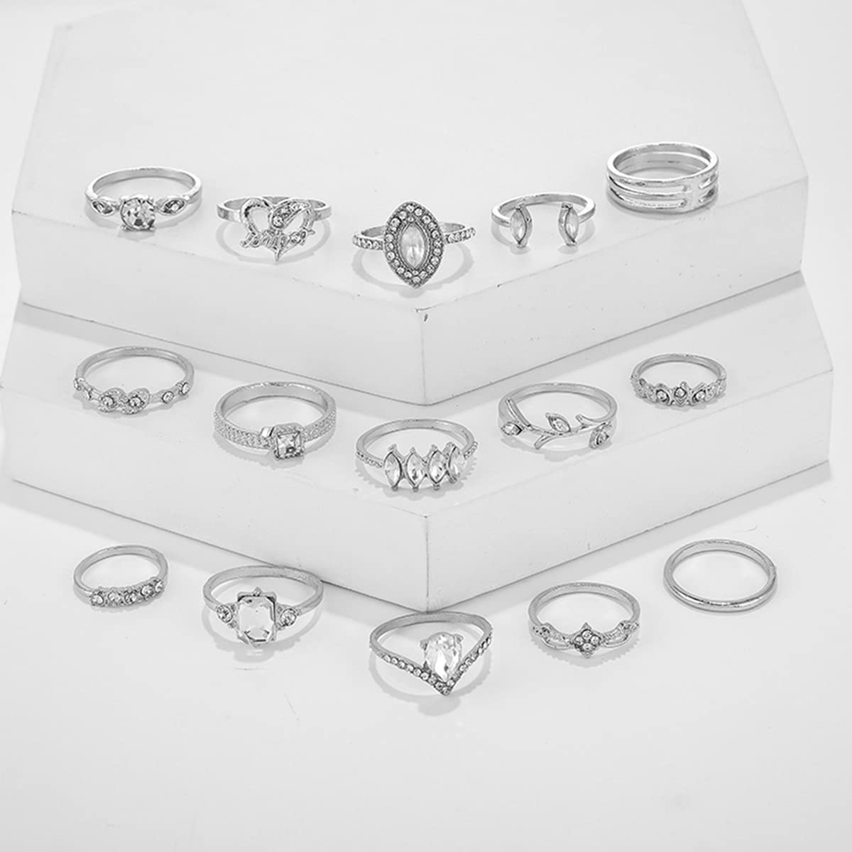 Stone Studded Silver Plated Stackable Rings Set of 15
