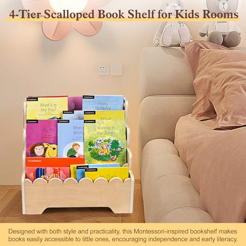 MBYD Wooden Kids Bookshelf 4-Tier, Scalloped Book Shelf for Kids, Front Facing Toddler Montessori Bookshelf, Baby Nursery Book Shelves, Children Bookcase Organizer for Bedroom Playroom Living Room - Image 3