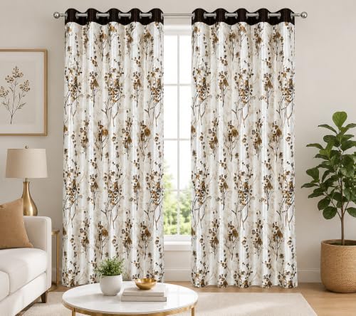 Image of 6 Feet Polyester Floral Light Filtering Window Curtains for Bedroom, Living Room & Hall, Eyelet Top, Coffee Print Curtain Set of 2