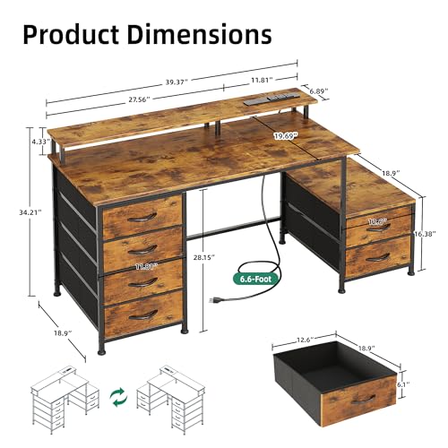 Image of 52 Inch Office Desk with 6 Drawers and Printer Space for Storage, Reversible Computer Desk with Monitor Stand & Power Outlets, Home Office Desks, Vintage