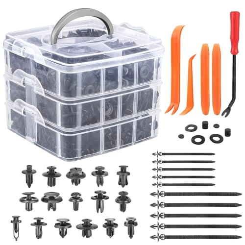 Image of Car Retainer Clips & Fasteners Kit - 16 Universal Sizes Nylon Bumper, Fender Rivets, Door Panel Clips, and Plastic Rivets with 10 Cable Ties and Removal Tool for Toyota, Ford (635pcs)