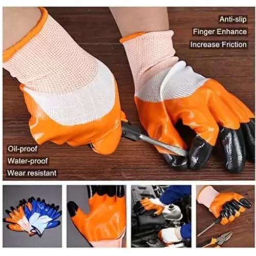 Image of 5Pair Nylon Knitted Latex Rubber Coated Safety Hand Protection Working Gloves For Anti Cut Heat & Fire Resistant Industrial Gloves For Men Women (PACK OF 10Gloves) (Orangenylon5pari)