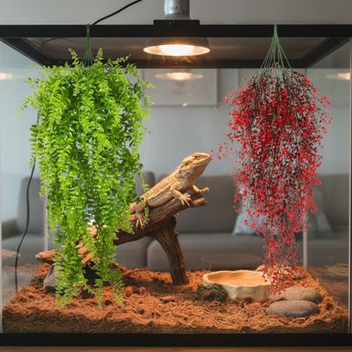 Image of PINVNBY 2 Pack Reptile Plants Terrarium Hanging Plants Vines Reptile Tank Accessories for Bearded Dragons Ball Python Leopard Gecko Lizards crested Geckos Chameleon Snake (Red and Green )