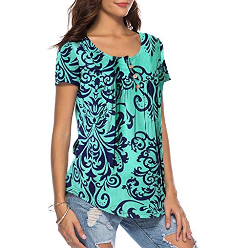 Goddessvan Women's Printed Long Sleeve Henley Pleated Tops Casual Flare Tunic Blouse Shirt (XL, Sky Blue)